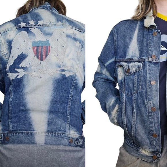 DENIM SUPPLY Ralph Lauren S/M Eagle Denim Trucker Jacket Distressed READ Descrip